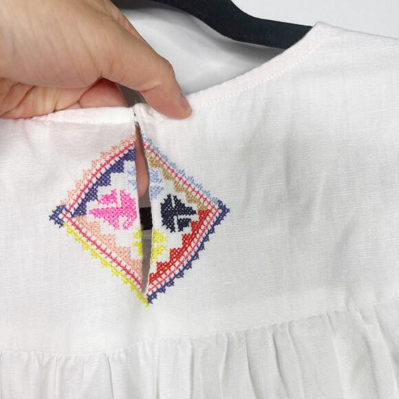 Joules Womens US 4 White Embroidered Sleeveless Shift Dress Cotton Linen Keyhole - Picture 9 of 11